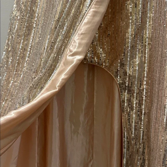 Mac Duggal Silver Metallic Plunge Neck Sequined Gown